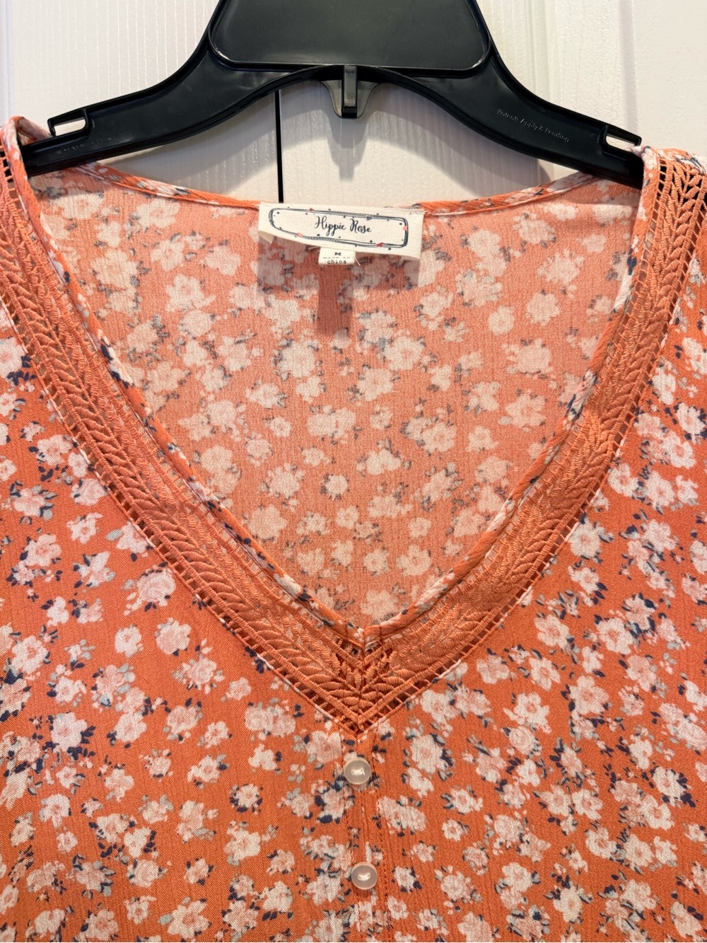 Hippie Rose Coral Floral V-Neck Button Peplum Embroidered Blouse Top - Picture 4 of 7